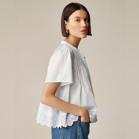 NWT J CREW Lace-trim pintuck top in cotton voile in Glacier blue - Picture 3 of 8
